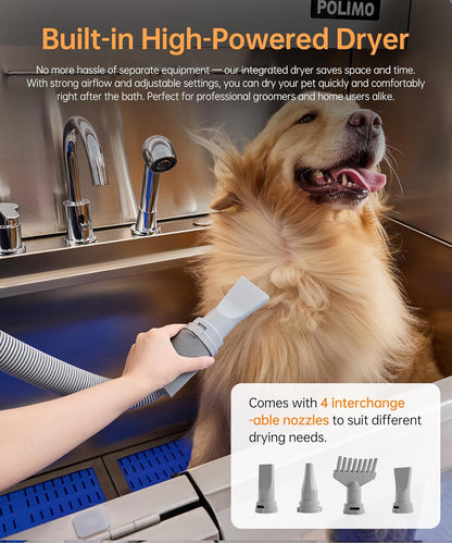 POLIMO Dog Washing Station with Pet Dryer & LED, Professional Dog Bathing Station for Large, Medium & Small Dogs – with Window, Ramp, Drawer, Floor Grate, LED Display & Faucet (Left Ramp & Dryer, 50")