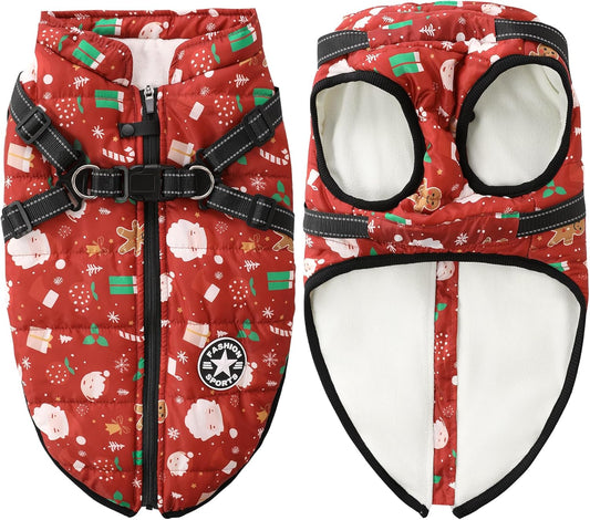 Aiboria Dog Jacket Windproof Fleece Dog Sweater with Padded Vest Chest Strap Harness Dogs Coat Christmas Red XXL