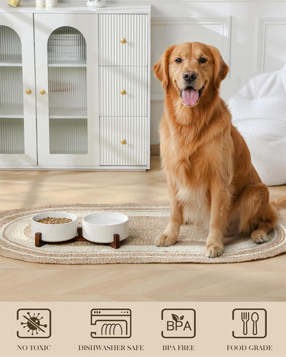 MALACASA Dog Bowl Set with Walnut Wood Stand, 6 Cups Ceramic Pet Bowls for Puppy Dogs, Dual Food and Water Bowls with Weighted Non-Slip Base, Basic Bowls for Your Dog, Rhombic & Polka Dots