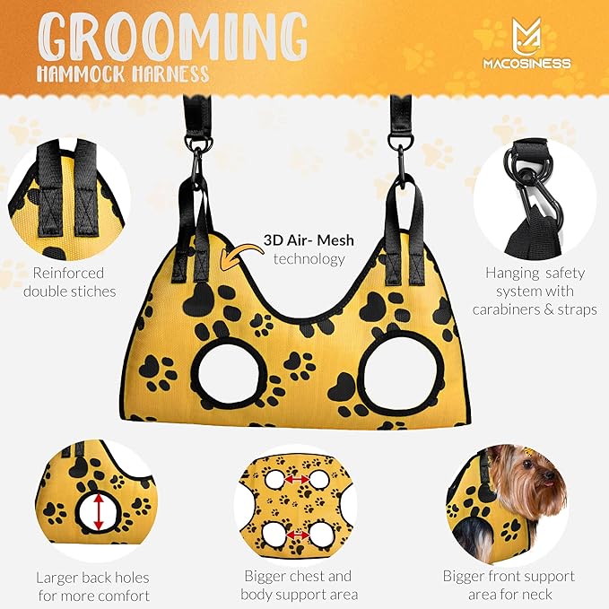 Pet Grooming Hammock for Nail Trimming - Complete Groomers Helper Set for Pet - Dog Grooming Hammock with Hook - Cat Nail Clipper - Dog Hammock for Nail Clipping (XS, Gold with Black Paws)