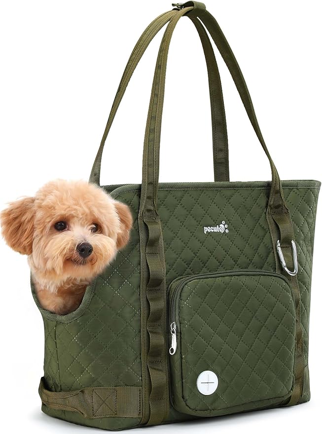Pecute Dog Purse Carrier, Dog Carrier with Pockets for Small Dogs, Fits Dogs 5.5 lbs to 11 lbs, Cat and Puppies Tote Bag, Outing, Travel, Vet, Green