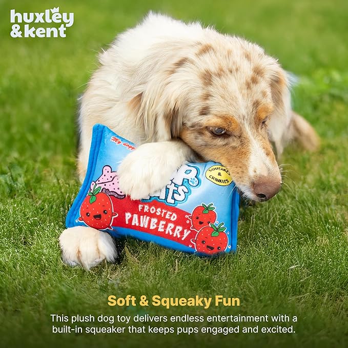 Huxley & Kent Funny Dog Toy w/Squeaker – Power Plush Squeaky Dog Toys for Small, Medium & Large Dogs – Soft Stuffed Animal for Indoor Play & Fetch - Pup-Tarts Frosted Pawberry, Large