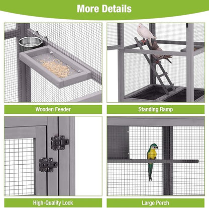 GUTINNEEN Large Bird Cage Outdoor Wooden Aviary Indoor on Wheels, with Play Stand, Perches, Nest Habitat & Wire Mesh Tray for Easy Cleaning