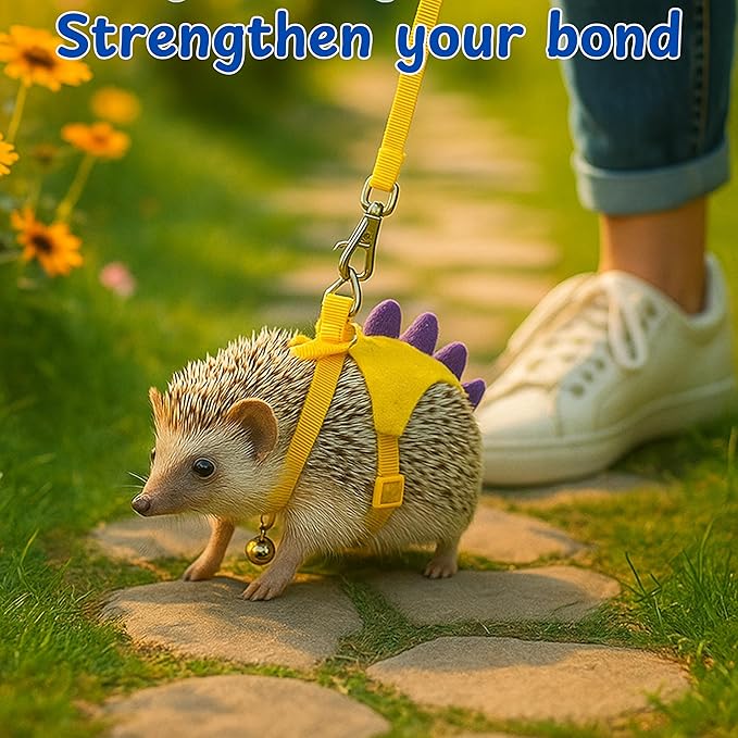 Adjustable Hedgehog Leash and Harness with Safe Bell, Dinosaur Shaped Harness Leash for Training Playing, Hamster Clothes for Ferret Guinea Pig Hamster, Hedgehog Accessories (Yellow)