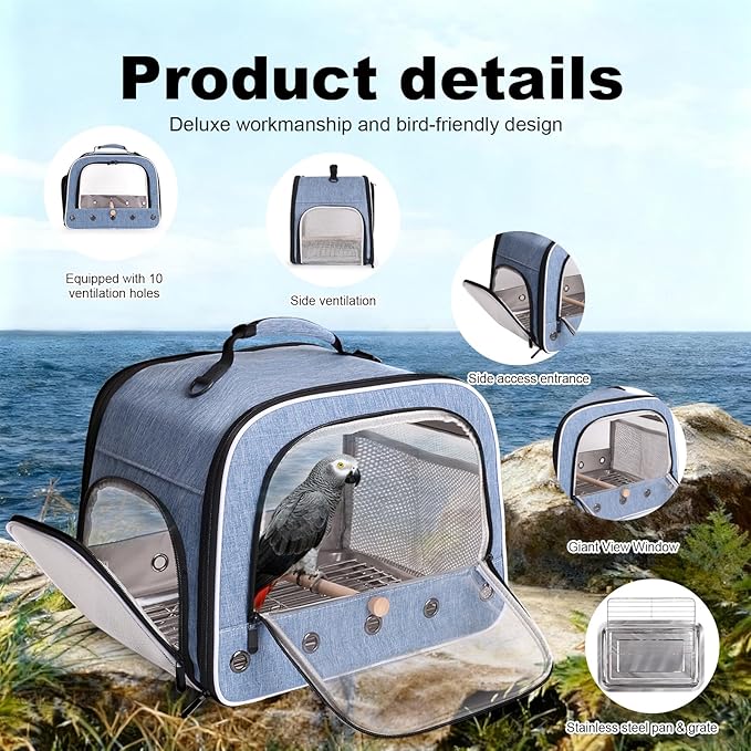 halinfer Bird Travel Carrier Cage for Large Size Parrot, Portable Bag with Metal Tray and Grate to Carry and Transport Medium and Large Birds Like African Grey, Long Tail Cockatiel and Parrot