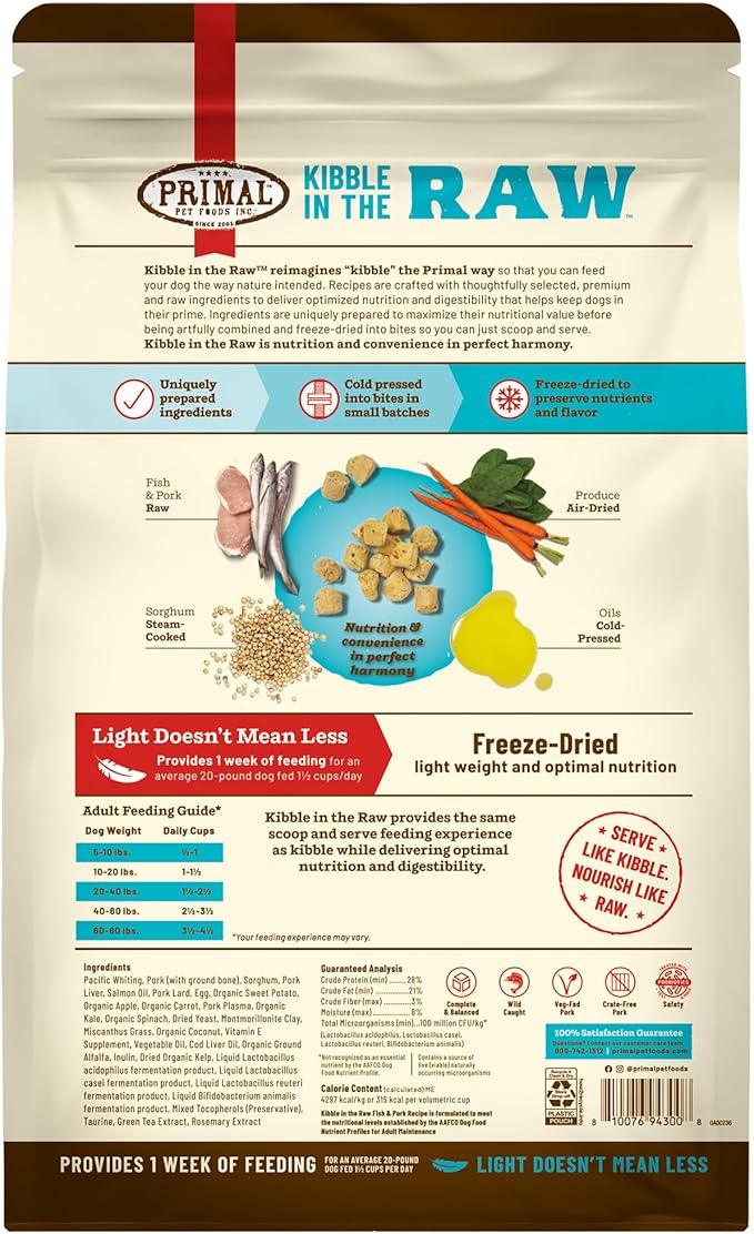 Primal Kibble in The Raw, Freeze Dried Dog Food, Fish & Pork, Scoop & Serve, Made with Raw Protein, Whole Ingredient Nutrition, Crafted in The USA, Dry Dog Food 1.5 lb Bag