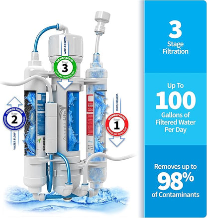 Aquatic Life RO Buddie 3-Stage Reverse Osmosis Aquarium Water Filter System RO Filtration Unit for Fish Tank, Fountains, and More, 100 GPD