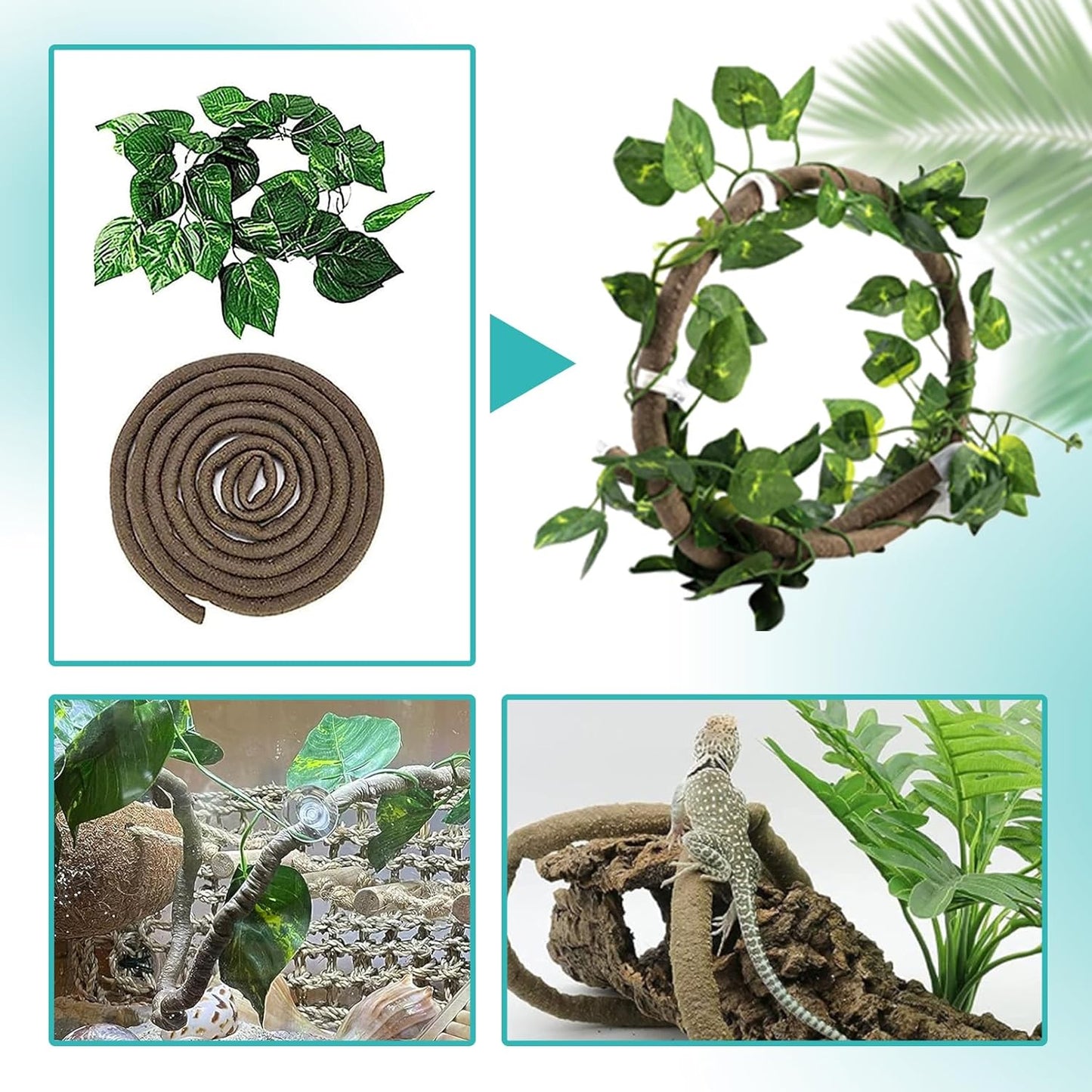 5 PCS Tank Accessories for Bearded Dragon Include Resin Hollow Tree Root Reptile Habitat Hideout Decor Hanging Jungle Vines Flexible Leaves Climbing Decorations for Lizard Gecko Chameleon Spider