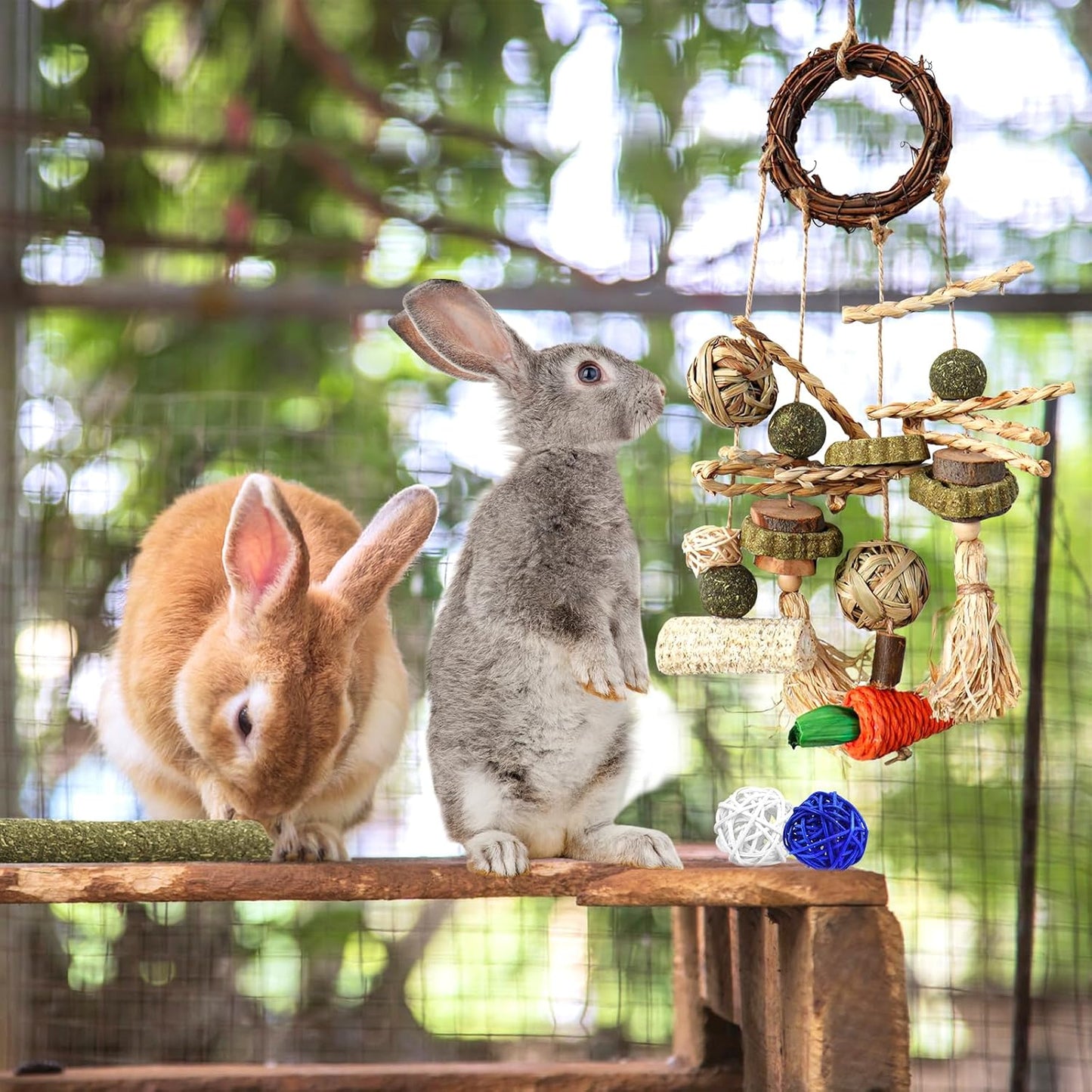 15PCS Rabbit Toys for Bunnies Boredom Enrichment with Chinchilla Hamster Rat Guinea Pig Bunny Toys for Rabbits Indoor Wooden Hanging Bunny Rabbit Chew Toy for Teeth Keep Busy Grass Sticks Treat Balls