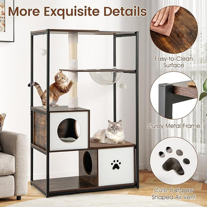 Tangkula Modern Cat Tree, 52 Inch Multi-Level Cat Tower with Metal Frame, 2 Wooden Condos, Sisal Scratching Posts, Detachable Cushion & Mats, Dangling Balls, Space Capsule Nest for Indoor Cats