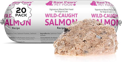 Raw Paws Signature Pet Food for Dogs & Cats - Wild Caught Salmon, 1-lb Rolls (20 Pack) Made in USA Salmon Dog Food - Raw Frozen Fish Dog Food - Sensitive Stomach Cat Food
