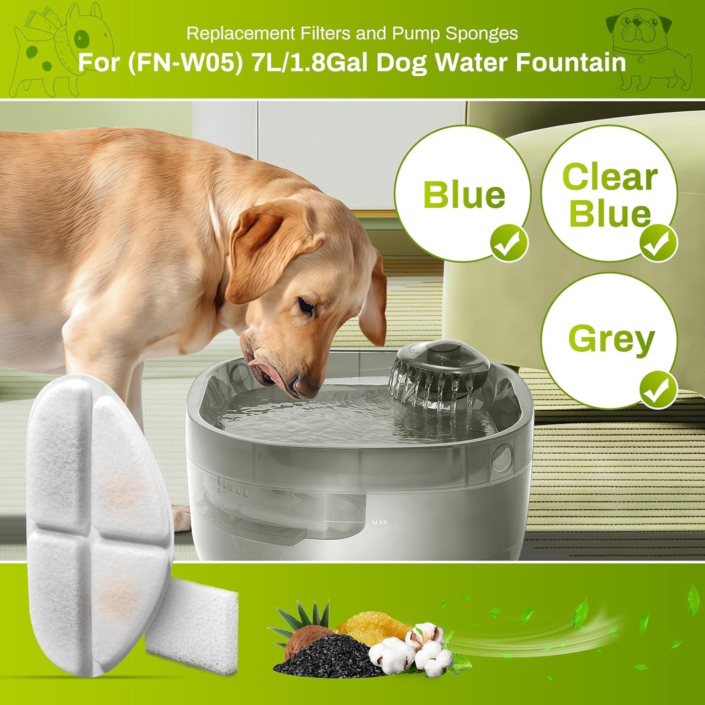 6 Pack Filters and Pump Sponges for 7L/1.8Gal Dog Water Bowl Dispenser(FN-W05), ZEKIRY Cat Water Fountain Filter, 4-Layer Filtration Pet Fountain Filters Replacement