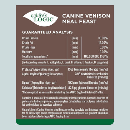 NATURE'S LOGIC Dry Dog Food - 100% Natural - No Synthetics - for All Ages, Sizes, Breeds - Free from Common Allergens, High Protein - Venison Meal Feast, 25lbs