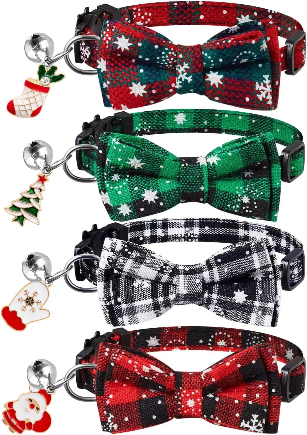 LLHK 4 Pack Christmas Cat Collars with Bow Tie and Bell,Breakaway Kitten Collar for Girl Boy Cats,Adjustable 7-12inch, for Kitty Kitten Adult Cats,Pet Supplies,Stuff,Accessories