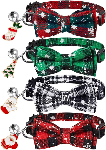LLHK 4 Pack Christmas Cat Collars with Bow Tie and Bell,Breakaway Kitten Collar for Girl Boy Cats,Adjustable 7-12inch, for Kitty Kitten Adult Cats,Pet Supplies,Stuff,Accessories