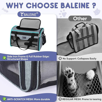 BALEINE Cat Carrier, Puppy Dog Carrier for Small Medium Pets Up to 22 Lbs, Soft-Sided Dog Travel Bag with Safety Zippers, Collapsible Pet Carrying Case (Gray, XL, 19"x12"x12")