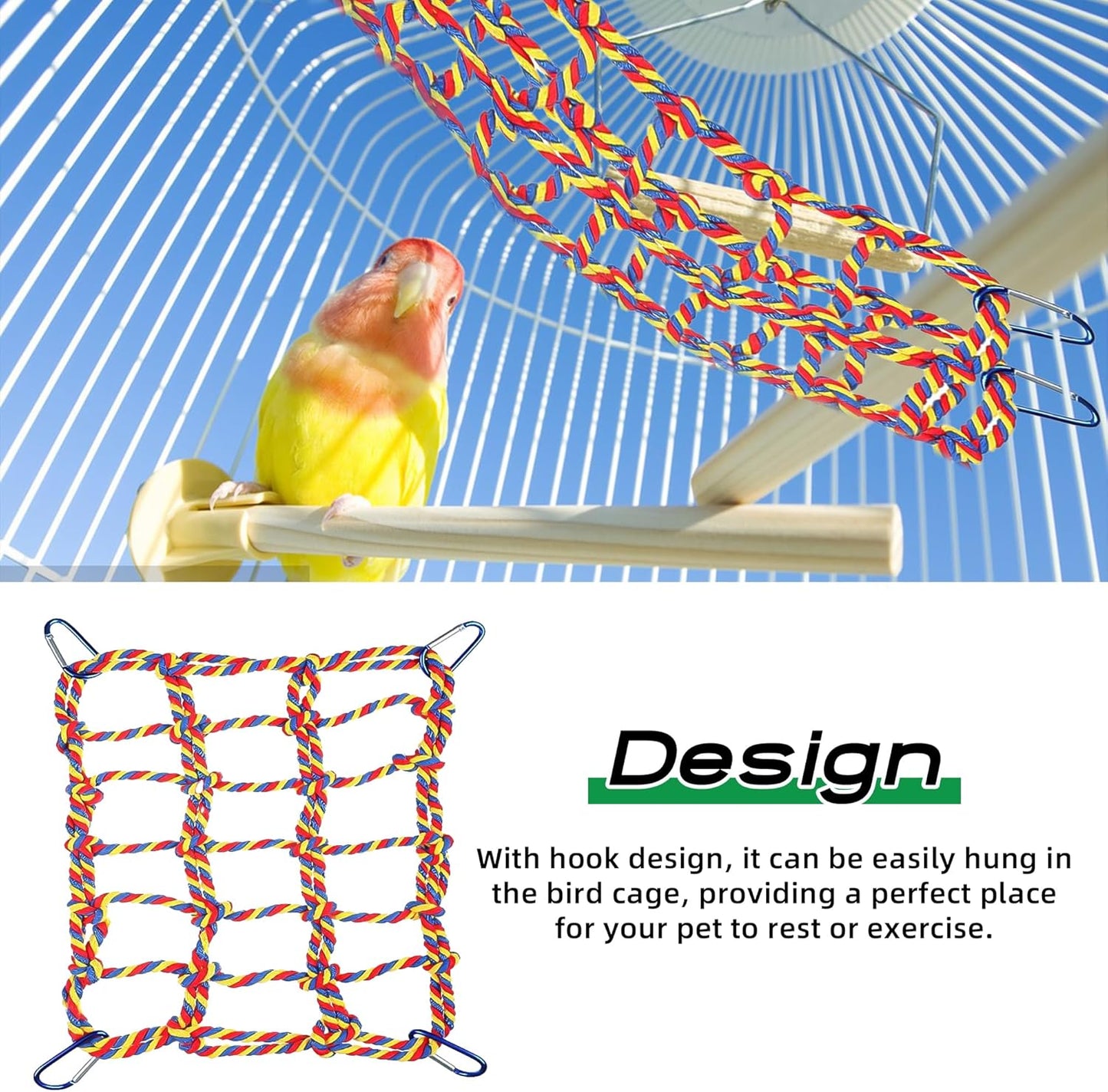 2 Pcs Rat Climbing Ropes for Cage Accessories - Bird Rope Rat Toys - 12.6 x 9.84 inch Hammock - Cotton Rope Bridge - Bird Ladder with 4 Silver Hooks