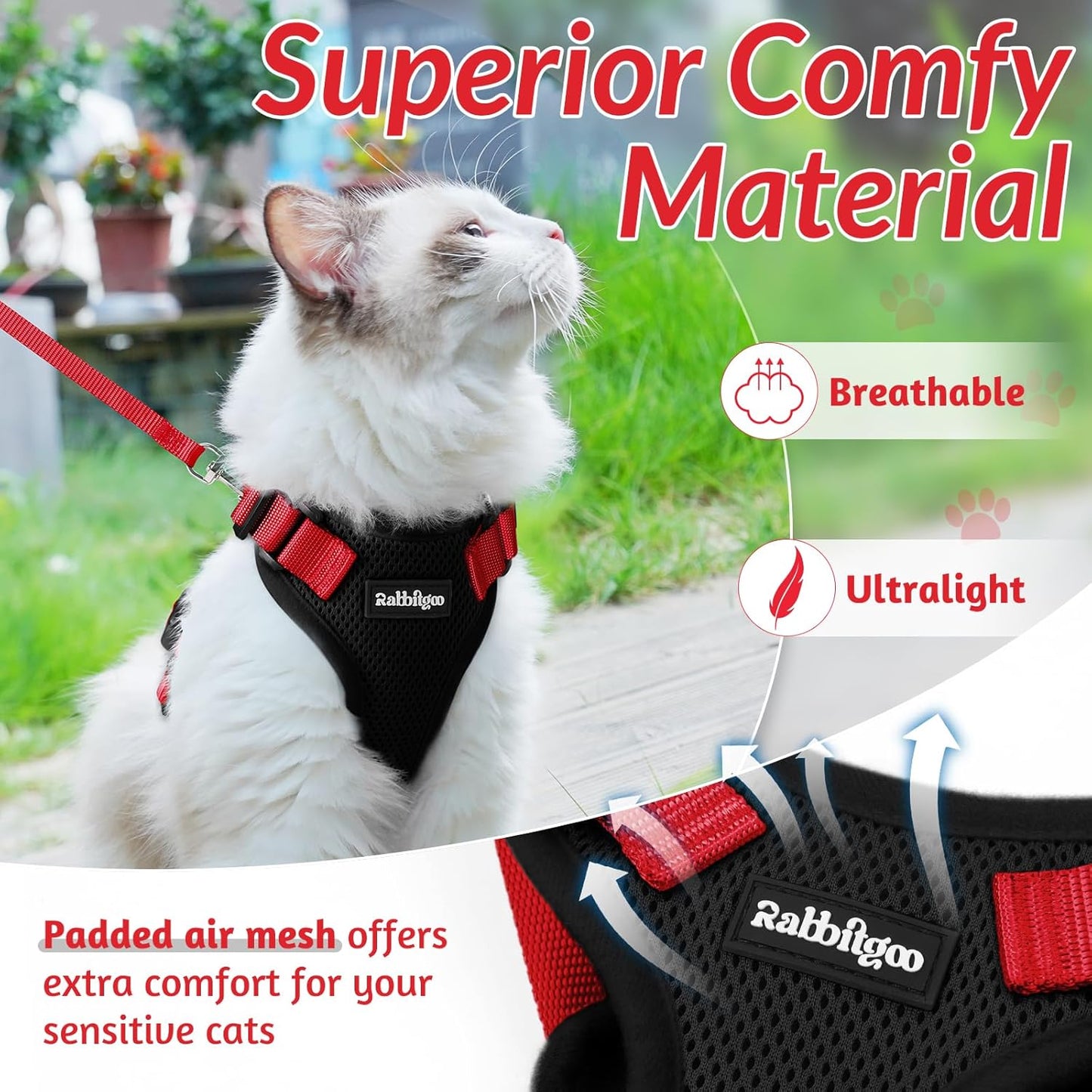 rabbitgoo Cat Harness and Leash for Walking, Escape Proof Soft Adjustable Vest Harnesses for Cats, Easy Control Breathable Reflective Strips Jacket, Black & Red, M