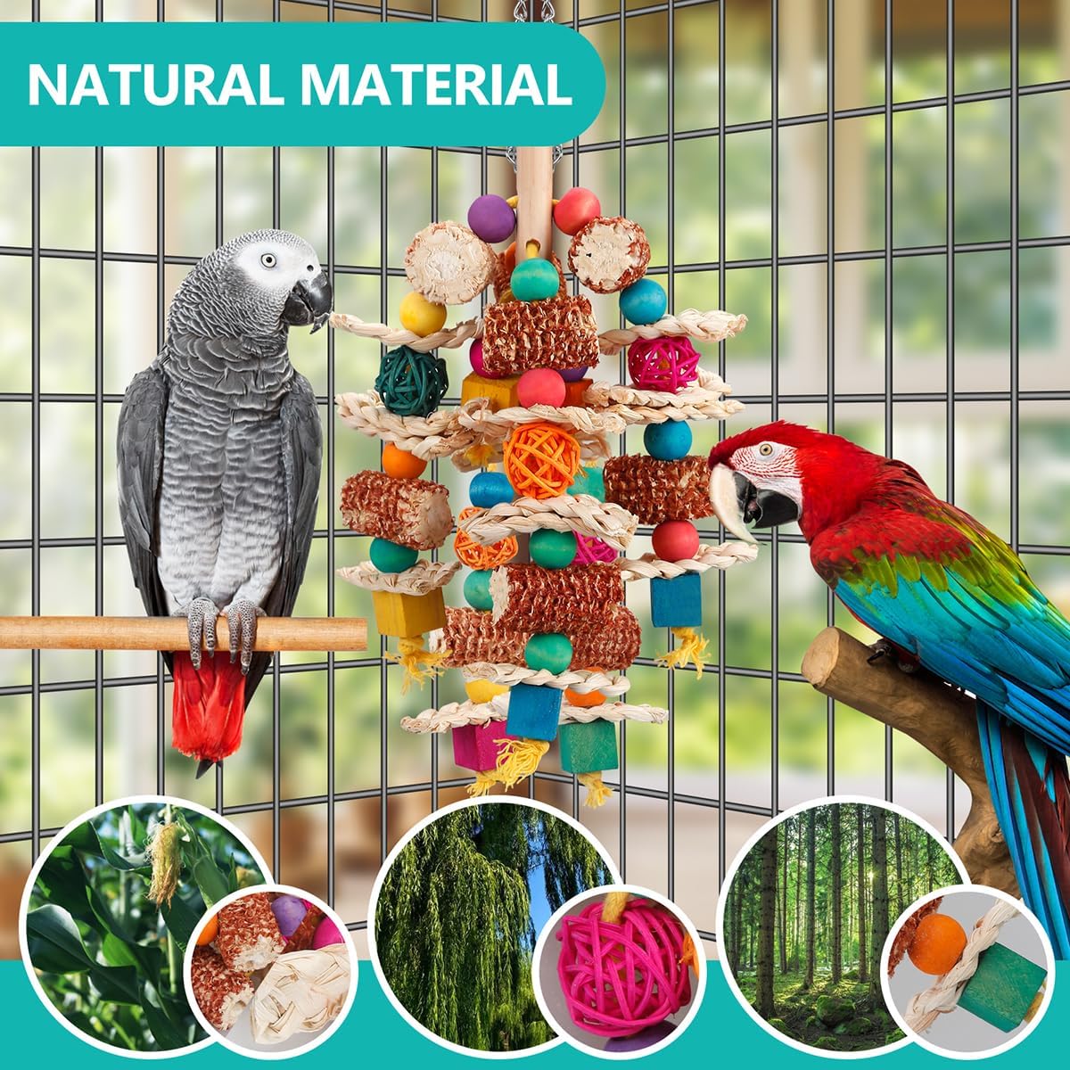 lovyoCoCo Parrot Toys Bird Toys Natural Corn Cob Bird chew Toys for Small and Medium-Sized Macaws,African Grey,Cockatoos,Amazon Parrots,Parakeet,Cockatiel,Sun Conure, Lovebird with Wooden Blocks