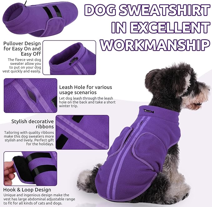 Queenmore Small Dog Sweaters, Soft Fleece Vest Pullover Dog Jacket with Leash Hole, Warm Winter Dog Clothes Cold Weather Doggy Dachshund Sweater for Small Dogs Cats Boy or Girl (Lavender, XS)