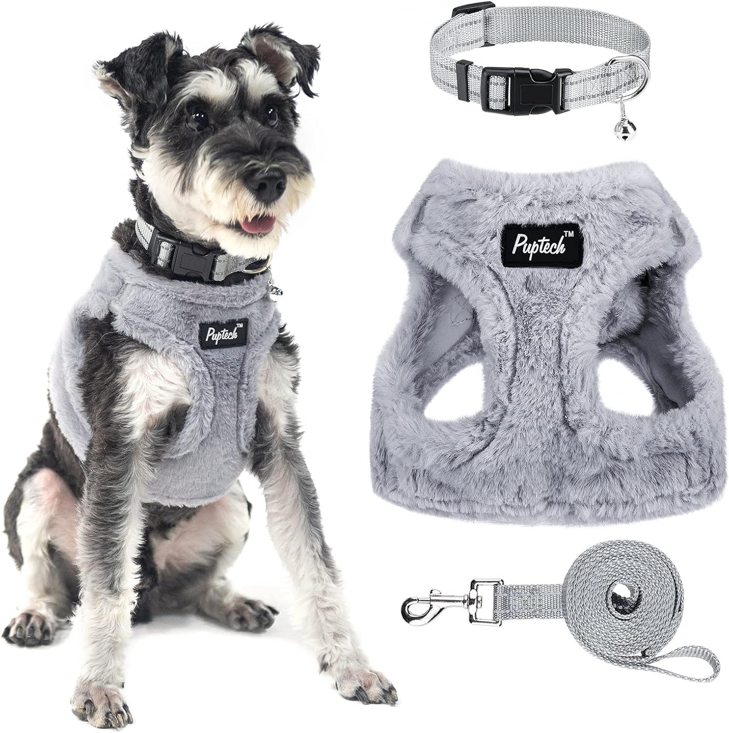 PUPTECK Adjustable Dog Harness Collar and Leash Set Step in No Pull Pet Harness for Small Medium Dogs Puppy and Cats Outdoor Walking Running, Soft Mesh Padded Reflective Vest Harnesses, Plush Grey S
