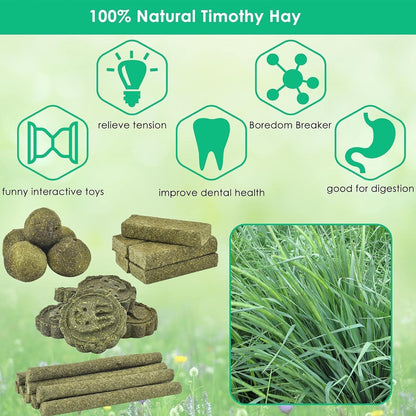ERKOON 50Pcs Bunny Chew Toys, 100% Natural Timothy Hay Biscuit&Treats Sticks, Chew Toy for Teeth for Rabbit Chinchilla Guinea Pig Hamster Gerbil Squirrel, 17oz