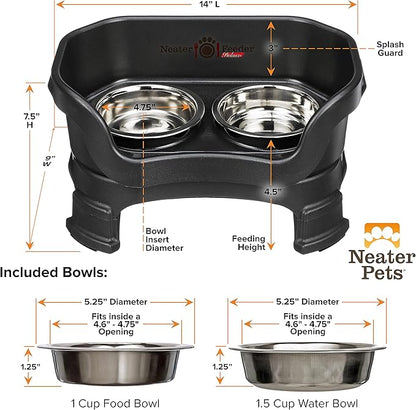 Neater Feeder Deluxe Mess Proof Cat Bowls Elevated for All Breeds – Made in USA – No Spill Raised Cat Bowls for Indoor Cats w/Leg Extensions – Stainless Steel Cat Food and Water Bowl Set - Black