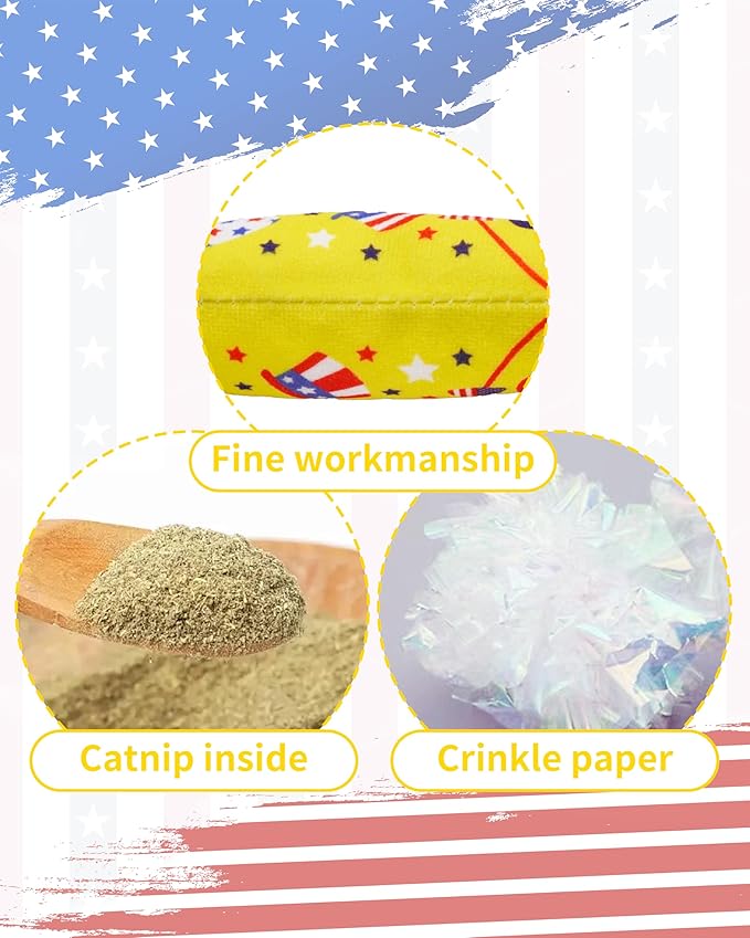 PET SHOW 8 Pack 4th of July Cat Kicker Toys with Catnip Patriotic Crinkle Sound Toys for Indoor Cats Star Stripe American Flag Patterns Plush Kittens Shape Natural Interactive Toys Pet Kitty