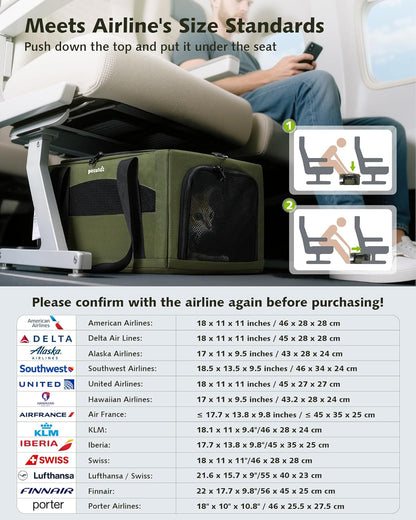 Pecute Expandable Pet Carrier Airline Approved Dog Cat Carrier, Breathable Soft-Sided with Locking Zippers, Pet Travel Bag for Small Dog Cat Leakproof Pee Pad (Dark Green)