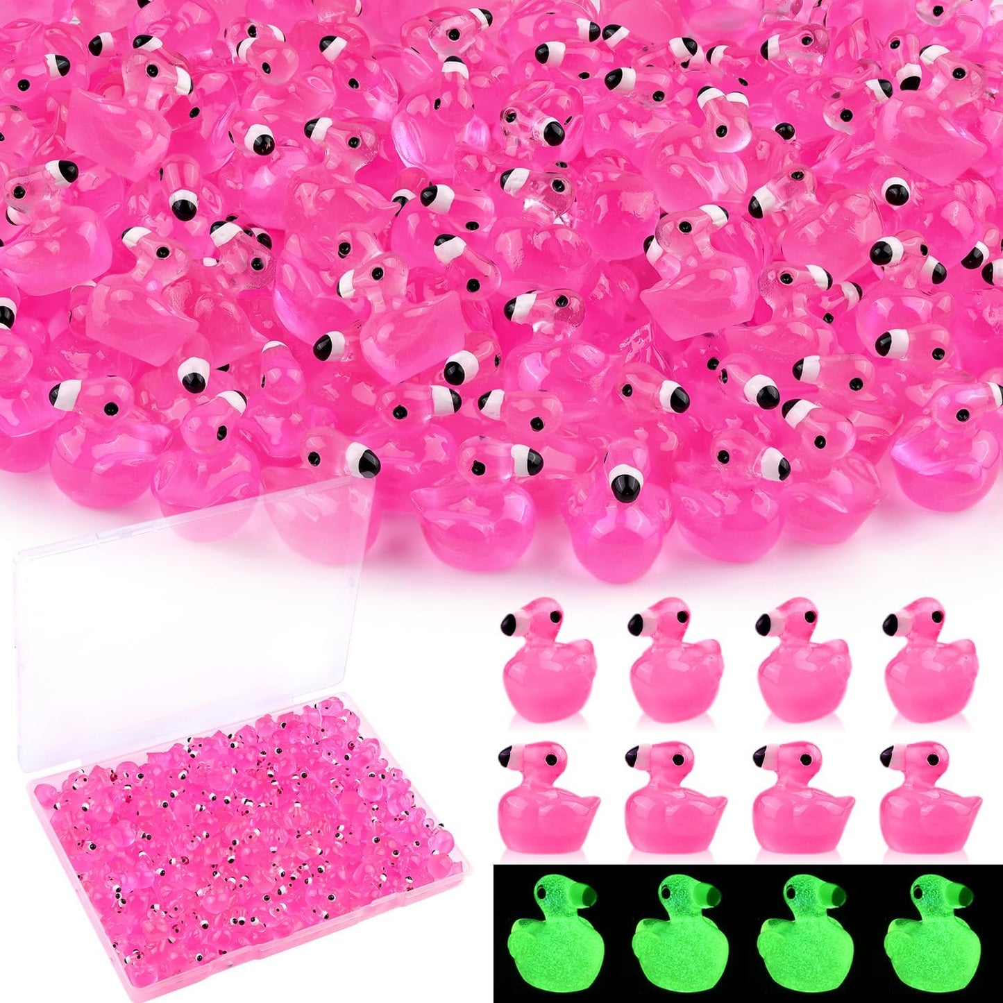 200PCS Mini Resin Animals Cute Rose Pink Tiny Flamingo Ducks Glow in Dark, Miniature Figures to Hide, Small Animal Toys Accessories Bulk for Topper Garden Dollhouse Ornaments DIY Crafts & Decor