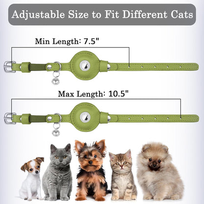 OOPSDOGGY Cat Collar for AirTag Holder, Leather Kitten Collars with Elastic Strap & Bell, Non Breakaway Adjustable Small Pet Collars for Indoor & Outdoor for Boy, Girl (Olive Green)
