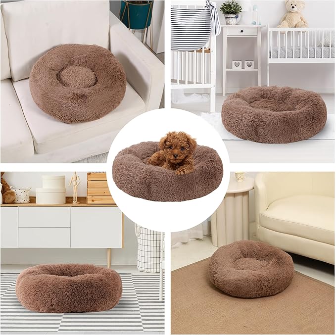 Small Round Dog Bed, Cat Beds for Indoor Cats, Calming Anti-Anxiety Donut Bed for Puppy and Kitten, Washable Round Fluffy Pet Bed for Small Medium Dogs and Cats(Fits up to 25 lbs Pets)