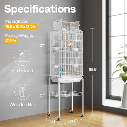 VIVOHOME 64 Inch Bird Cage with Play Top and Rolling Stand for Parrots Conures Lovebird Cockatiel Parakeets White
