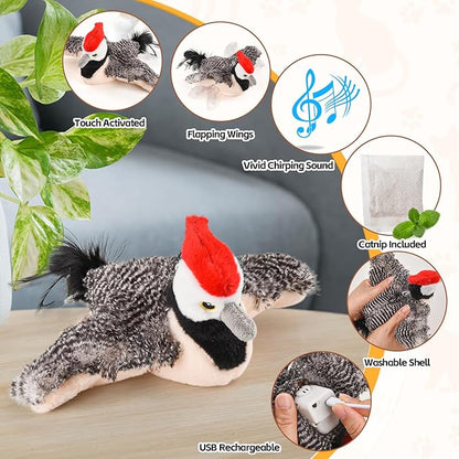 Flappy Bird Cat Toy for Indoor Cats, Simulated Chirping Flapping Wings Bird, Interactive Catnip Toys, Plush Kitten Exercise Toys (Woodpecker)
