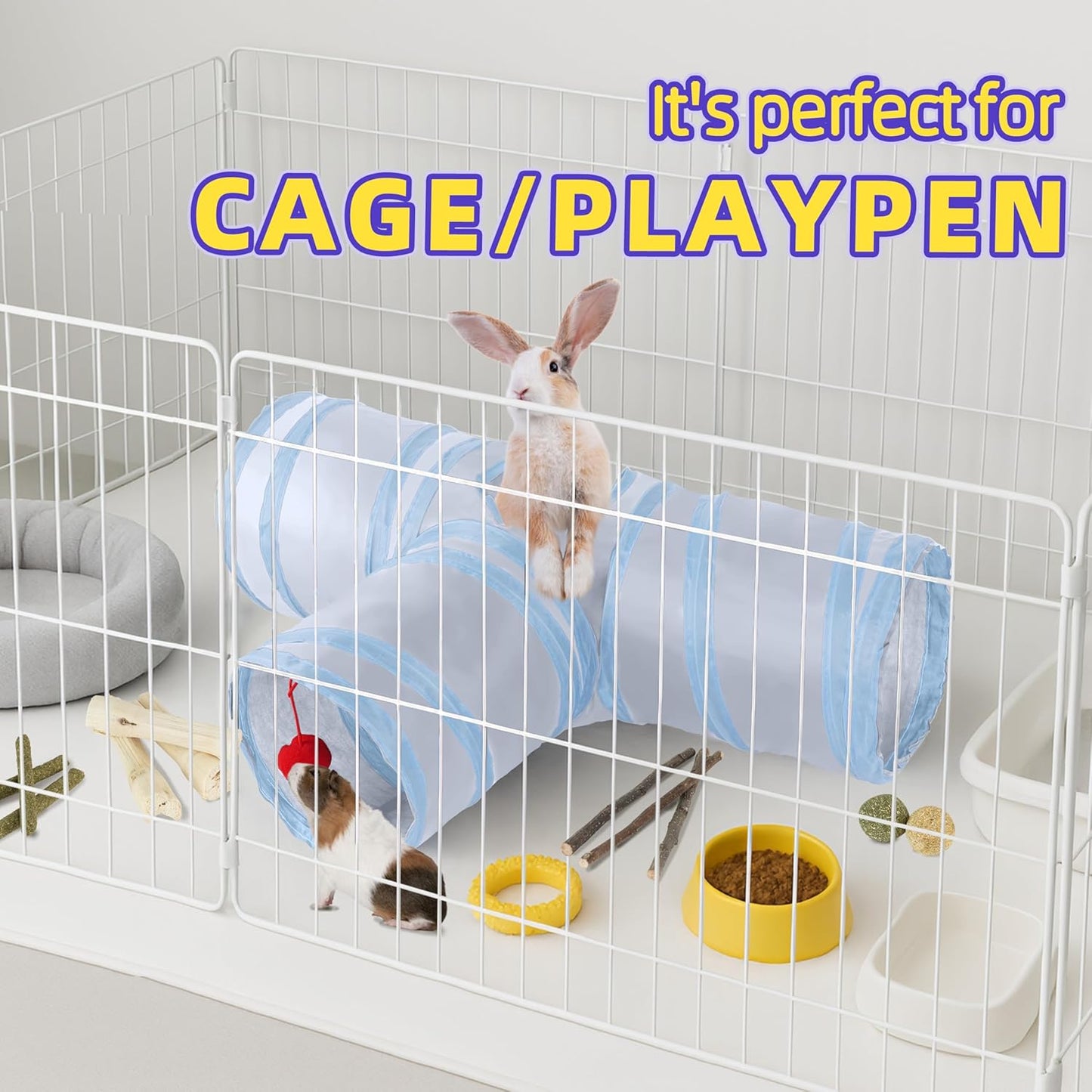 Bunny Tunnels & Tubes Collapsible 3 Way Rabbit Hideout with 13pcs Toys for Bunny Guinea Pig Hamster Chinchilla Hedgehog Rat Ferret Kitten (GY&BU)