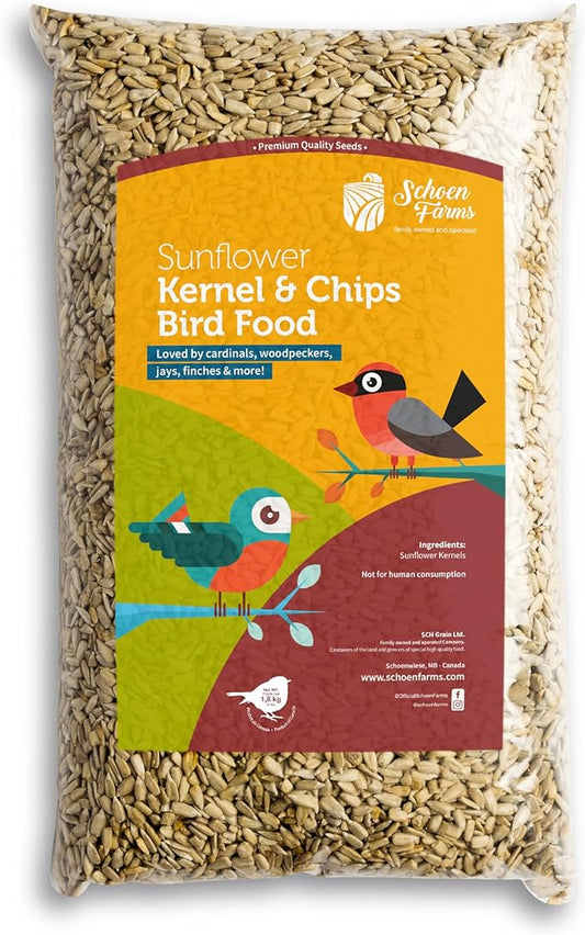 Schoen Farms Sunflower Kernels & Chips – 4 lb Bag – Hulled Sunflower Hearts Bird Seed – No-Mess Wild Bird Food for Finches, Chickadees & Cardinals