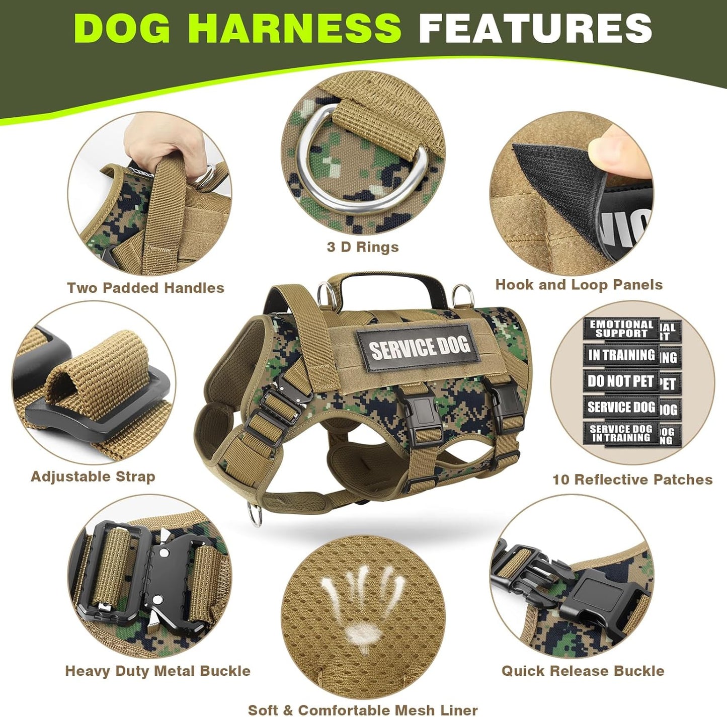 WINSEE Service Dog Vest Harness for Large Dog, Tactical Working MOLLE Vest with 10 Pet Patches, No Pull Heavy Duty Harness for Training Hunting Walking