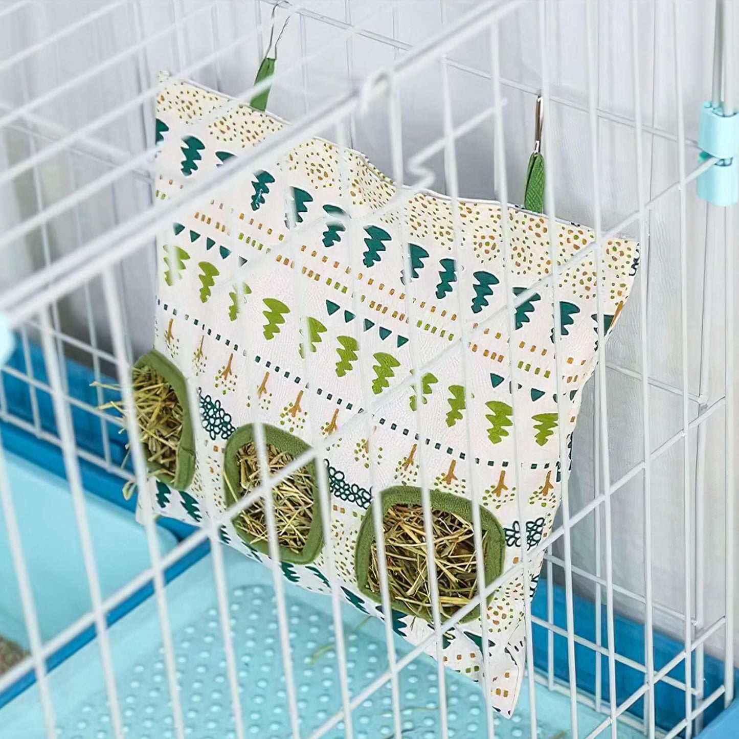 Lesnala 2pcs Bunny hay feeder Rabbit hay feeder bag Hanging guinea pig hay bag Large capacity cotton canvas fabric hay bag for Rabbits Bunny Chinchillas Hamsters and Other Small Pets(3 Holes,2 styles)