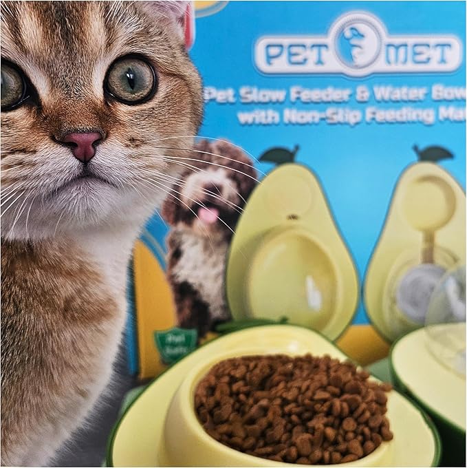 Cat Food and Water Bowl – Avocado Cat Bowl with Water Dispenser Pet Bowl& Small Dogs, Non-Spill, Anti-Choke, Eco-Friendly Dog Feeding Bowl Water Fountain 3-in-1 (Green&Yellow)
