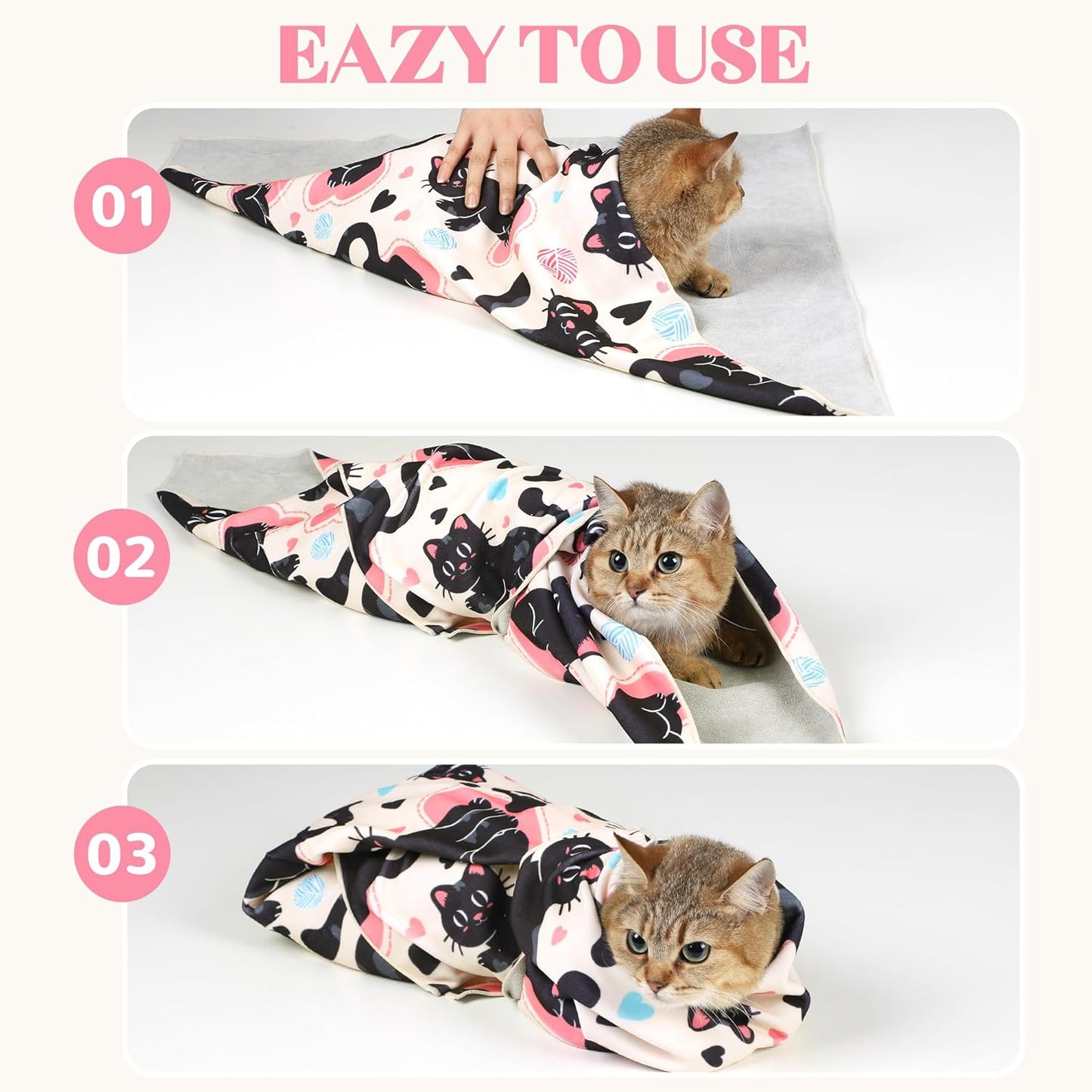 27.6“ Cat Wrap for Cutting Nails Self-Adherent Fabric Cat Wrap for Grooming Cat Restraint for Nail Clipping Anti-Escape Cat Calming Wrap Within 15lbs