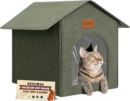 Outdoor Cat House Weatherproof, Insulated Cat Houses for Outdoor/Indoor Cats for Winter, Waterproof Feral Stray Cat Shelter with Warm Cushion and Door Curtain, Easy to Assemble, Olive Green