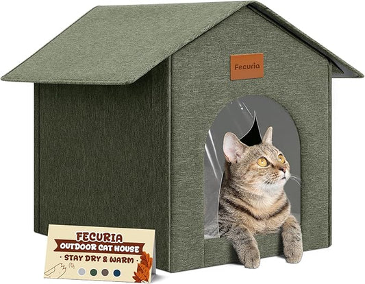 Outdoor Cat House Weatherproof, Insulated Cat Houses for Outdoor/Indoor Cats for Winter, Waterproof Feral Stray Cat Shelter with Warm Cushion and Door Curtain, Easy to Assemble, Olive Green