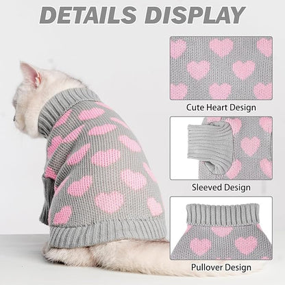 KOOLTAIL Cat Sweater Turtleneck- Soft Knit Cat Sweaters for Cats Only, Heart Love Pattern Thick Warm Cold Weather Clothes, Valentine's Day Pet Outfit for Small Medium Large Size Kitten Puppy Grey L