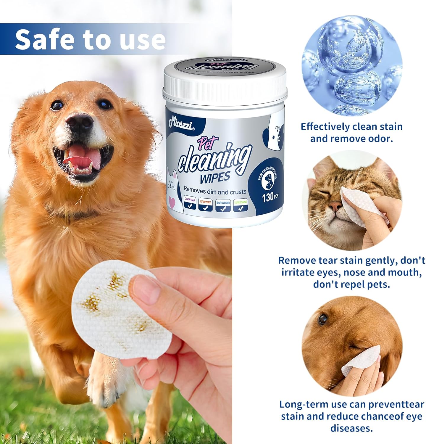 MIOSSZI Pet Cleaning Wipes Bundle, Dog & Cat Grooming Wipes, 160 Count Body Wipes, 130 Count Eye Wipes, Hypoallergenic with Coconut Oil & Aloe Vera for Paws, Face, Fur & Tear Stains