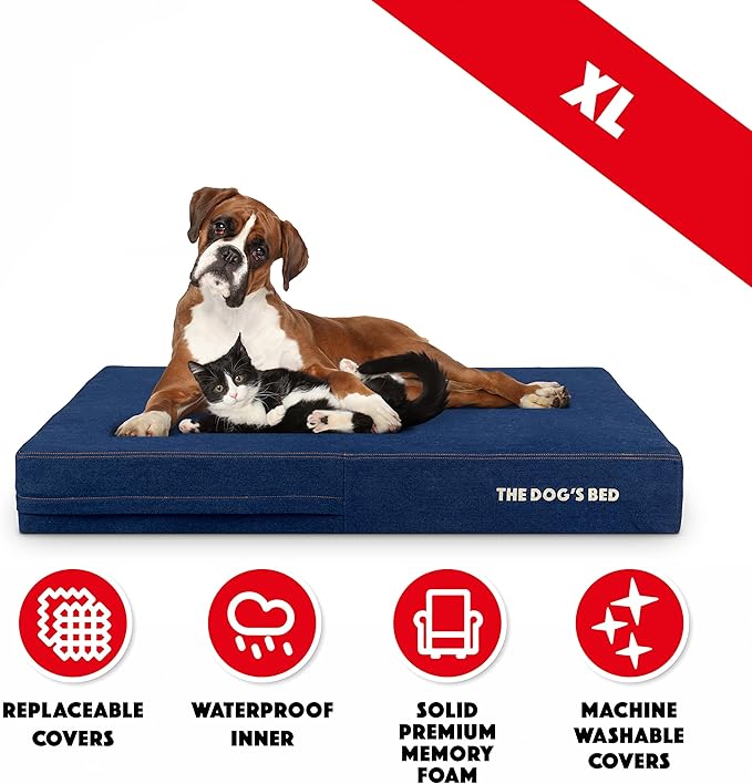 The Dog’s Bed Orthopedic Memory Foam Dog Bed, XL Blue Denim, Pain Relief for Arthritis, Hip & Elbow Dysplasia, Post Surgery, Lameness, Supportive, Calming, Waterproof Washable Cover