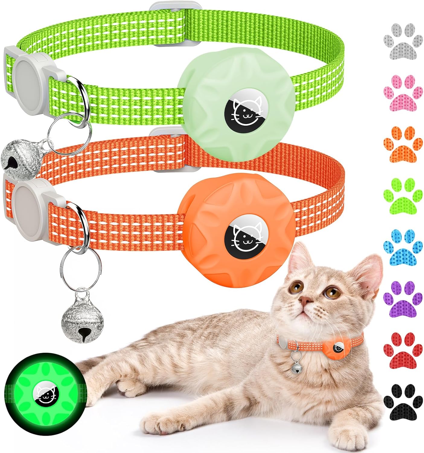 2 Pack Airtag Cat Collar,Reflective Kitten Collar Breakaway with Apple Air Tag Holder and Bell for Girl Boy Cats, Lightweight Adjustable for 7.87-13"" (Luminous Green&Orange)