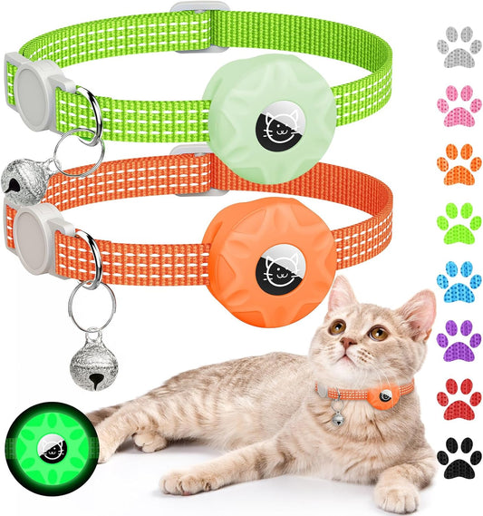 2 Pack Airtag Cat Collar,Reflective Kitten Collar Breakaway with Apple Air Tag Holder and Bell for Girl Boy Cats, Lightweight Adjustable for 7.87-13"" (Luminous Green&Orange)