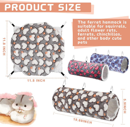Sweetude 6 Pcs Rat Hammock Set Ferret Hanging Tunnel 3 Tier Guinea Pig Hammocks Hideout Soft Chinchilla Bed for Cage Accessories Hide,Play and Sleep(Cute,Heart)