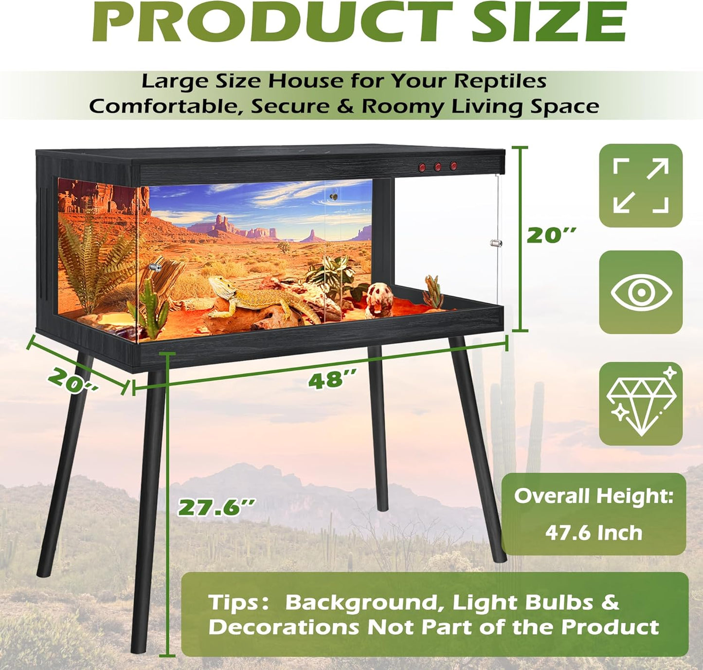 Royxen Tempered Glass Bearded Dragon Tank,81 Gallon Reptile Tank with Leg Stand,Built-in Lighting Reptile Enclosure Scartch-Proof Bearded Dragon Encloure for Chameleon,Lizard(Black,48"x 20"x 20")