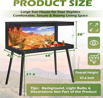 Royxen Tempered Glass Bearded Dragon Tank,81 Gallon Reptile Tank with Leg Stand,Built-in Lighting Reptile Enclosure Scartch-Proof Bearded Dragon Encloure for Chameleon,Lizard(Black,48"x 20"x 20")